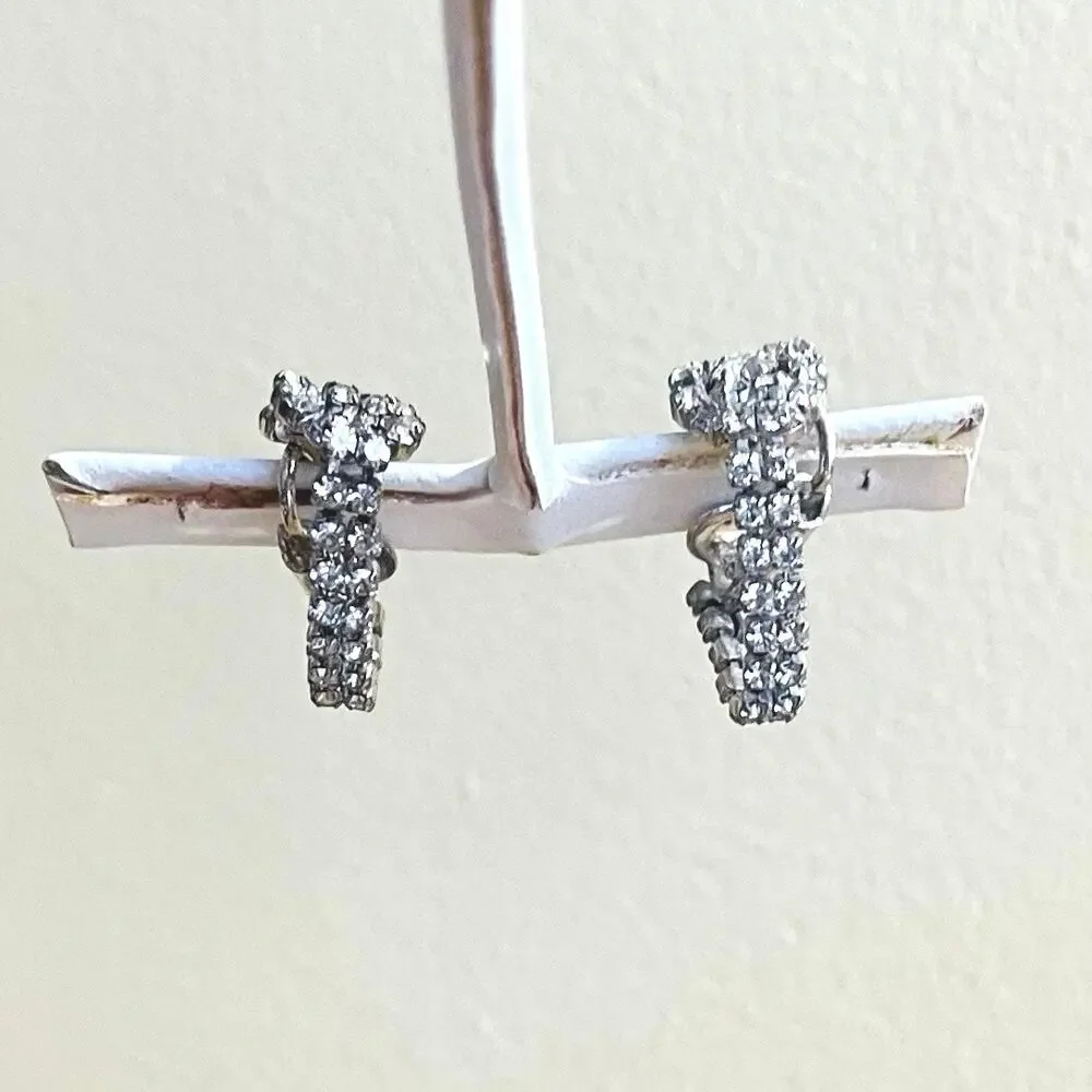 Vtg Mid-Century Clear Rhinestone Art Deco Clip Earrings Huggie Hoop Bridal Retro